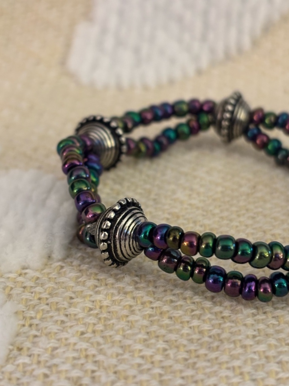 Iridescent Multi-Color Beaded Stretch Bracelet with Silver Accent